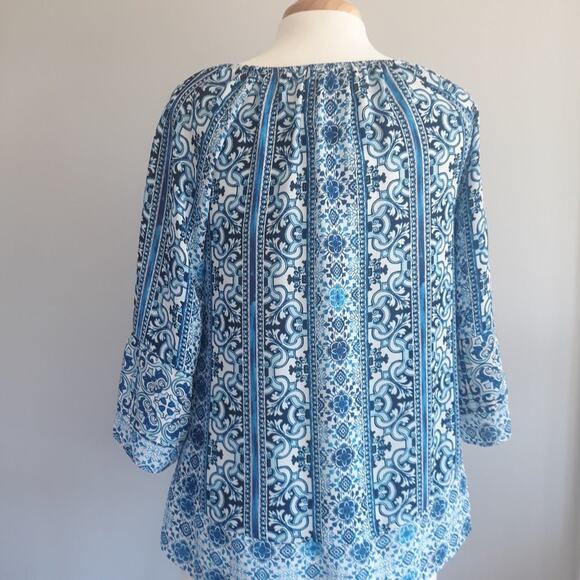 * New Directions Blue Suzani Print Peasant Boho Top SZ S - Picture 3 of 7